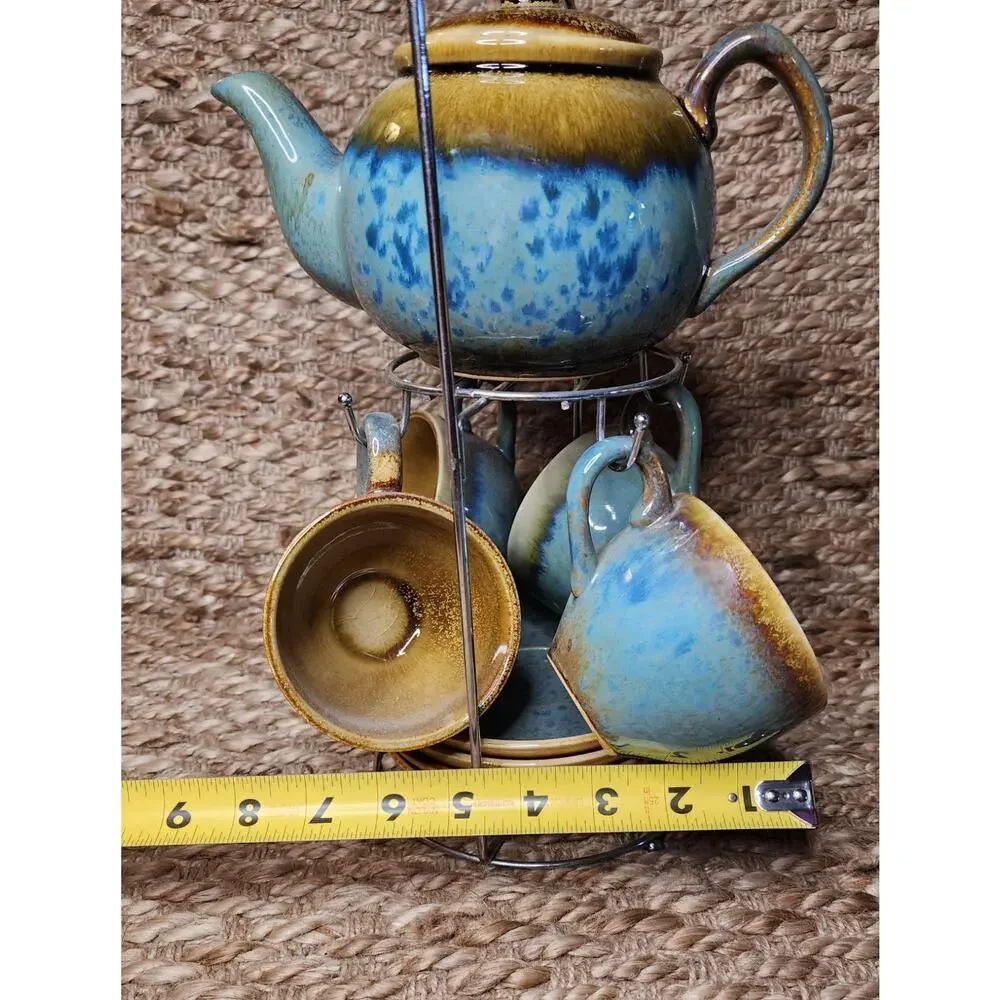 Artisanal Ceramic Teapot & Cup Set in Blue and Yellow